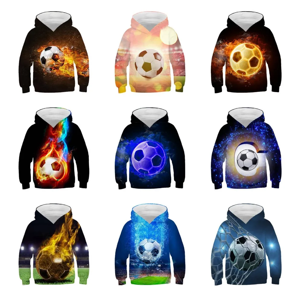 От 4 до 13 години За Момчета И Момичета 3D Качулки Креативен Футбол Огнена Вода Принт Детска Мода Hoody С Качулка, Детска Случайни Палто Пуловер 0