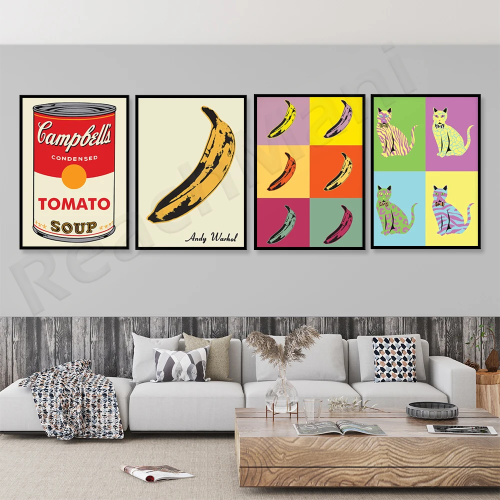 Поп-арт-плакатите на Анди Уорхол Кембъл, банани, котки, щампи със супа, изложба изкуство, музейни щампи, декоративни плакати