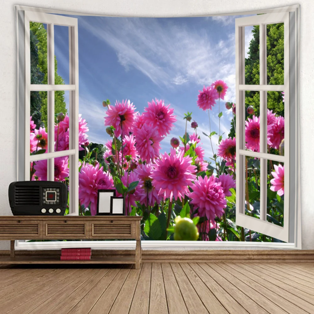 Прозорец 3D Стенен Гоблен Пейзаж Цветен Водопад Природата на Изкуството, Гоблени Хипи Украса на Стаята Бохо Декор Спалня Стенно Одеяло 4