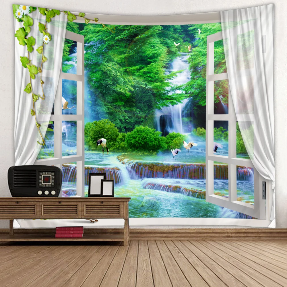 Прозорец 3D Стенен Гоблен Пейзаж Цветен Водопад Природата на Изкуството, Гоблени Хипи Украса на Стаята Бохо Декор Спалня Стенно Одеяло 5