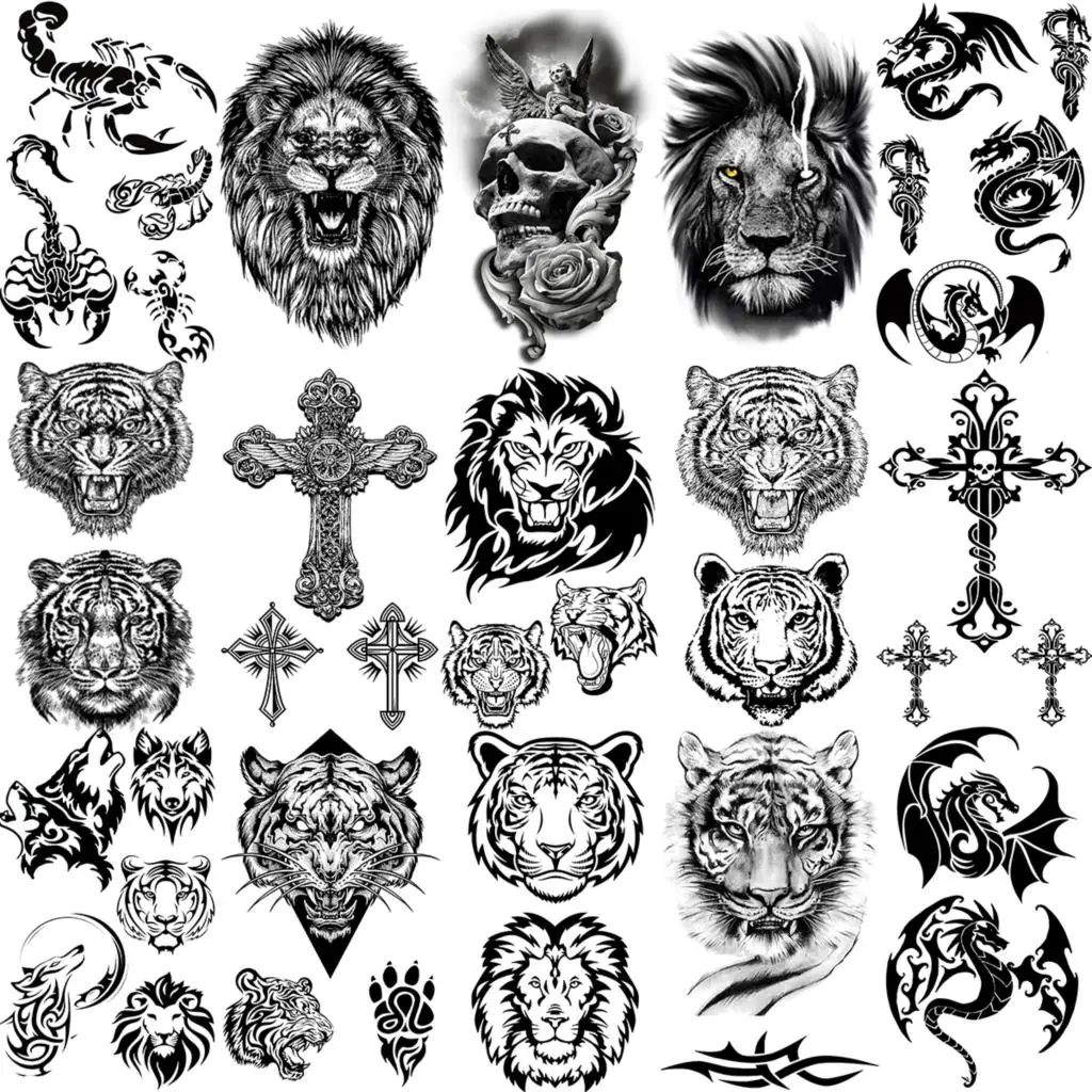 Реалистични Тигър, Лъв Кръст Временни Татуировки За Жени На Възрастни Мъже Скорпион Вълк Дракон Фалшива Татуировка На Шията Ръцете Ръцете Са Малки Татуировки 0