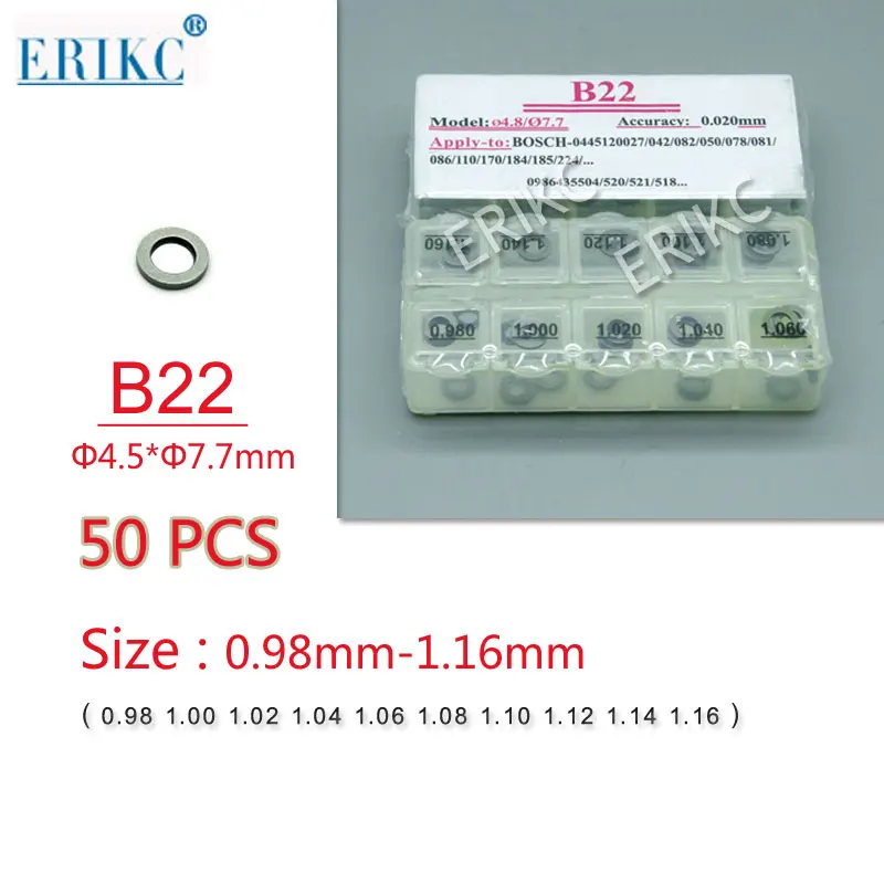 Регулировочная уплътнение ERIKC B22 Common Rail, комплект подложки за повдигане на инжекторите и размер миене на инжекторите Cri: 0,98 mm - 1,16 мм