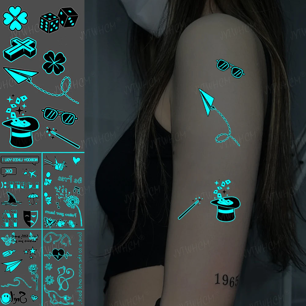Сини Светещи Татуировки Етикети Светещи Хартиен Самолет Временна Татуировка с Магическа Шапка Сито Татуировка на Боди Арт Фалшиви Татуировки за Мъже Жени 0
