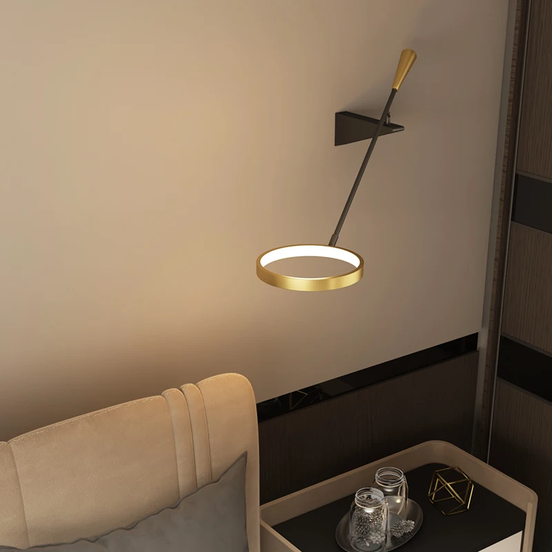 Скандинавски iron монтиран на стената лампа, кръгла украса дизайнерски стенни аплици луксозен ТЕЛЕВИЗИЯ фон нощна дълга минималистичная ъглова лампа 0