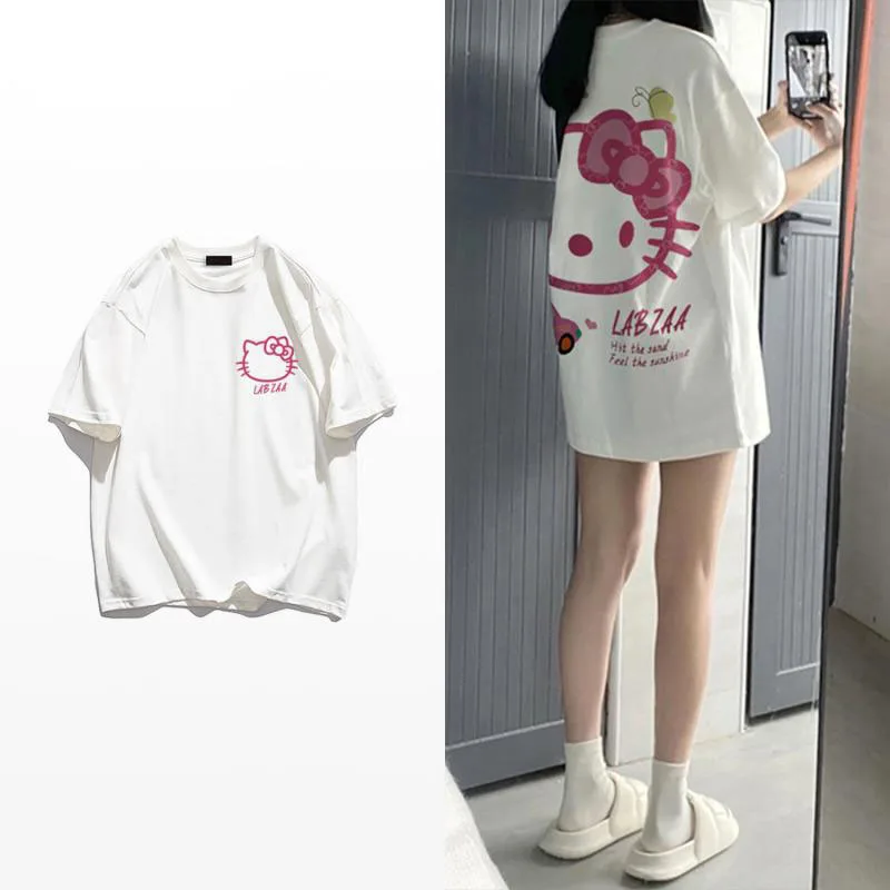 Скъпа Памучен тениска с Къси Ръкави и Принтом Котка от Картун Sanrio Hellokitty, Лятна Универсална Свободна Скъпа Риза в стил Колеж 0