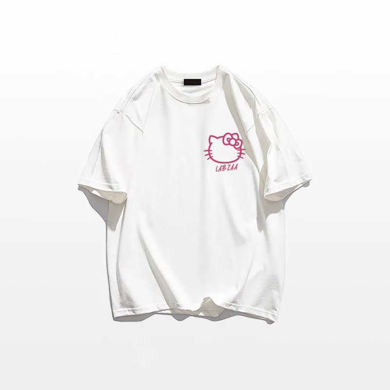 Скъпа Памучен тениска с Къси Ръкави и Принтом Котка от Картун Sanrio Hellokitty, Лятна Универсална Свободна Скъпа Риза в стил Колеж 2