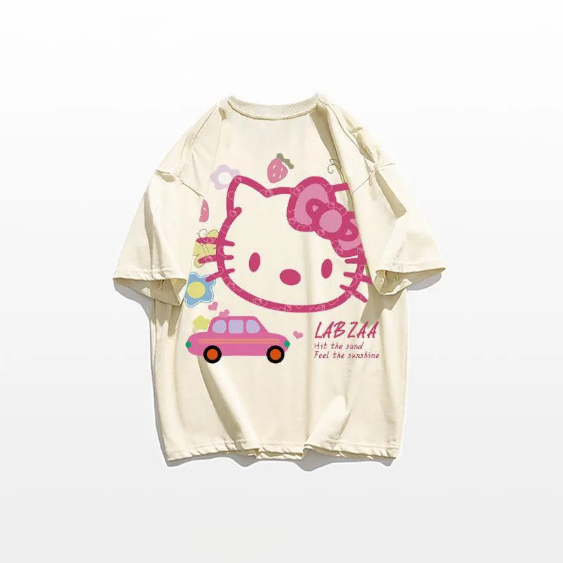 Скъпа Памучен тениска с Къси Ръкави и Принтом Котка от Картун Sanrio Hellokitty, Лятна Универсална Свободна Скъпа Риза в стил Колеж 4