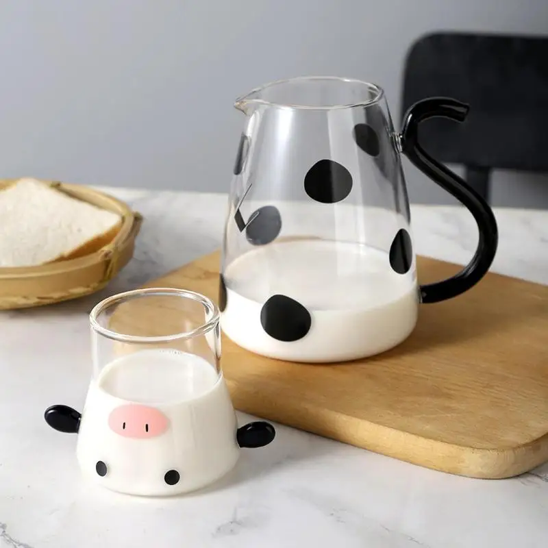 Сладък Стъклена Кана във Форма на Крава, Огнеупорни Cartoony Сладък Чайник под Формата на Крави и Комплект Чаши за Вода/Мляко, Студена Чайник, кана за Кафе