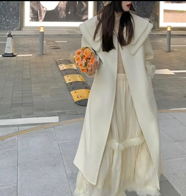 Френски стил зимата перлена във бяло дълга вълнена дамско палто с ревери принцеса свободни вълнени смеси 3