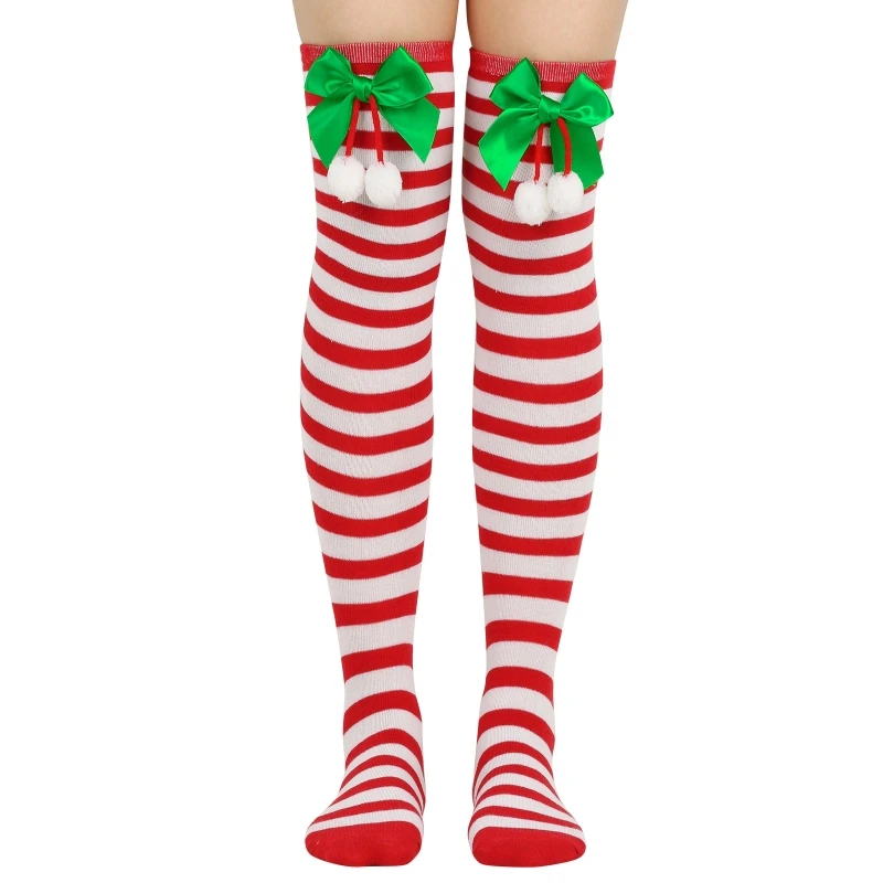 Шарени Чорапи За Жени Над Коляното Дълги Чорапи Коледни Зелени Червени Дълги Чорапи с Лък Дамски Чорапи За Краката 0