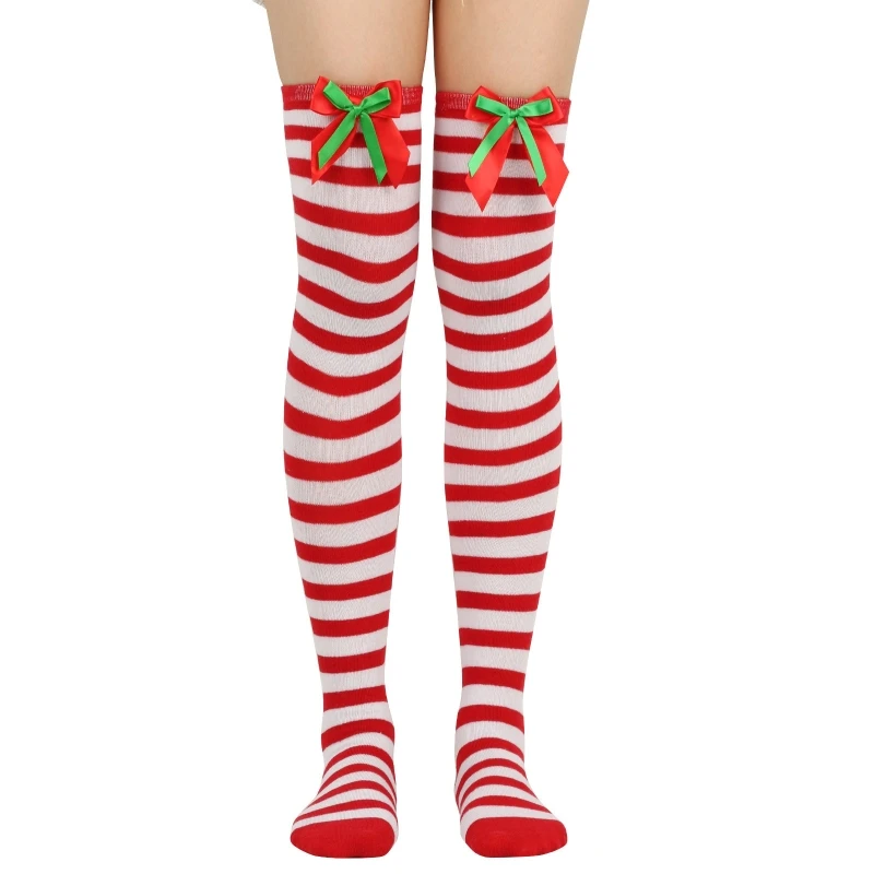 Шарени Чорапи За Жени Над Коляното Дълги Чорапи Коледни Зелени Червени Дълги Чорапи с Лък Дамски Чорапи За Краката 3